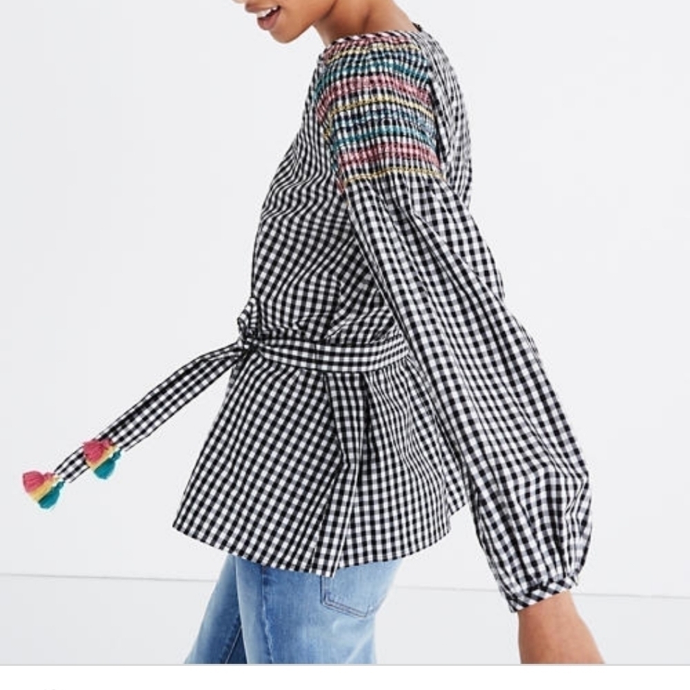 MADEWELL Gingham Smocked Blouse Tie Waist Top Blouse S! - Picture 1 of 7